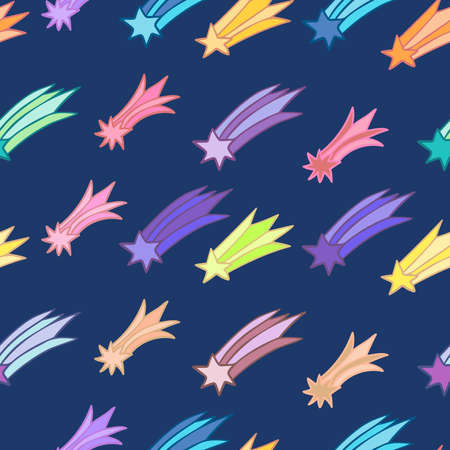 Seamless abstract vector pattern with colorful falling stars in pastel colors on blue