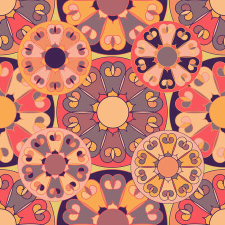 Vector seamless pattern colorful design of abstract lined flowers in pastel tones in dark tonesのイラスト素材