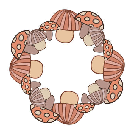 Isolated vector vignette of autumn forest mushrooms with circle on whiteのイラスト素材