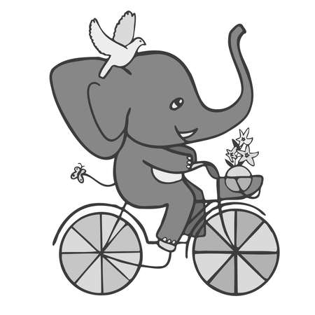 Isolated vector illustration black and white design of a cute cycling elephant on bicycleのイラスト素材