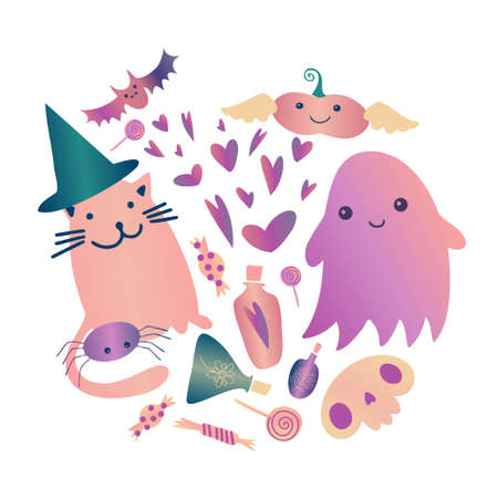 Isolated vector illustration of Halloween attributes ghost, cat and other in pastel tonesのイラスト素材