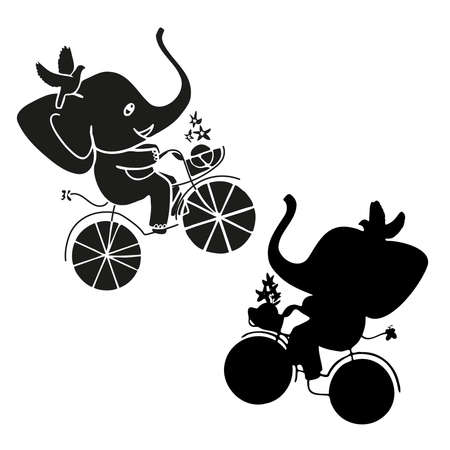 Isolated vector illustration black and white design of a cute cycling elephant on bicycleのイラスト素材