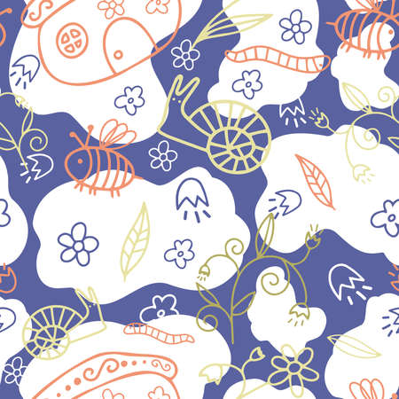 Seamless vector pattern with decorative colorful insects green bugs, worms and butterfliesのイラスト素材
