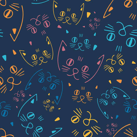 Seamless colorful vector pattern design of lined ornamental cartoon abstract cats snoutsのイラスト素材