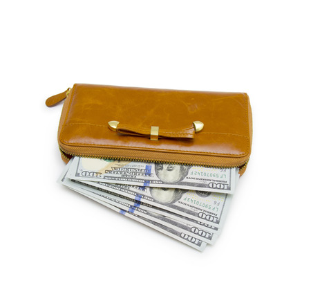 Purse with hundred dollar banknote isolated on white cutoutの写真素材