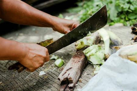 Man cutting banana bark