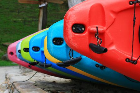 Colorful kayaks on Hood Canal pierの写真素材