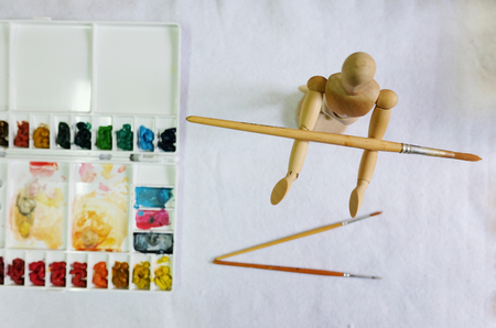 Set of watercolor paints art brushes on white backgroundの写真素材