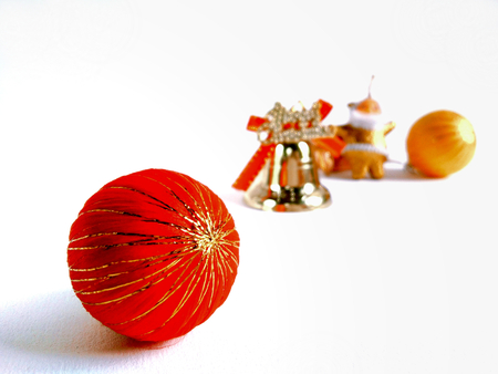 Pine cone with Christmas decorate isolated on white background. Santa star, golden ball, bell and celebration on holidayの写真素材