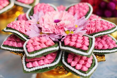 Beautiful flowers decoration on Engagement gold bowl for Thai engagement ceremony.Thai wedding culture traditionの写真素材