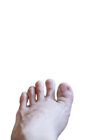 Closed up female feet with french nails on wood floor, Healthy care and medical conceptの写真素材
