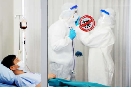 Stop Coronavirus sign stuck in front of the emergency room of a patient infected with Covid 19 virus...