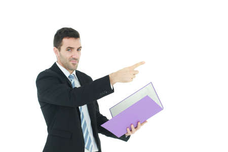 Handsome Caucasian businessman in black suit and holding violet document file and index finger to forward isolated on white background.の写真素材