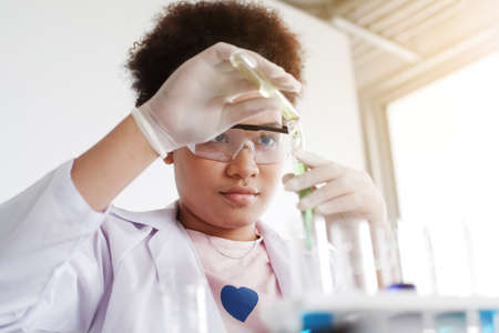 Smiling African black girl student is study and test for chemical and science. She is experimenting at laboratory Lab of school. Education and knowledge concept.の写真素材