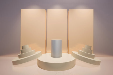 Abstract 3D  products display podium showcase  for scene with geometric shape. 3d rendering with gold stage to show cosmetic products. Lighting in luxury pink studio.の写真素材