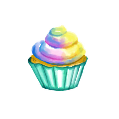 Watercolor and drawing for fresh sweet colorful rainbow cupcake isolated on white background. Digital painting of homemade bakery, dessert and food illustration.の写真素材