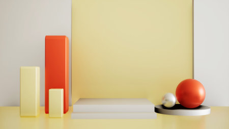 Abstract 3D products display podium showcase for scene with geometric orange shape. 3d rendering with white stage to show cosmetic products. Lighting in luxury gold studio.の写真素材