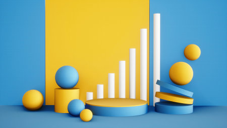 Abstract 3D products display podium showcase for scene with geometric shape. 3d rendering with yellow stage to show cosmetic products. Lighting in luxury yellow and blue sea studio. Business concept.の写真素材