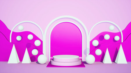 Abstract 3D products display podium showcase for scene with geometric shape. 3d rendering show cosmetic products. Lighting in luxury and pink framing in studio. Party and celebration concept.の写真素材