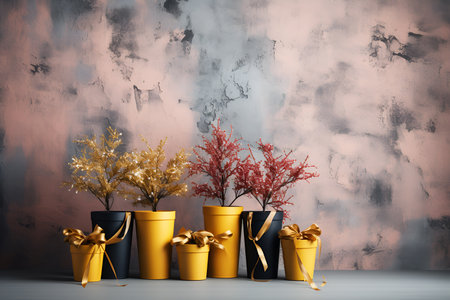 Christmas decoration on grunge decorative Pink pastel stucco wall. Gift boxes with copy space. Generative AI Illustrationの素材