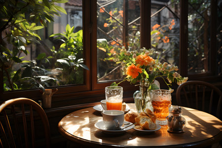 Breakfast set on the table near window glass with natural sunshine in tropical cafe. Generative AI Illustration.の素材