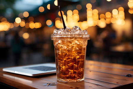 Ice coffee in a tall glass with cream. Cold summer drink on wooden table at cafe. Generative AI Illustration.の素材