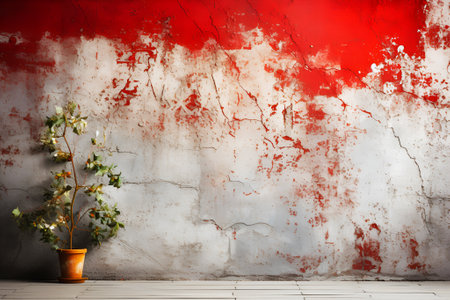 Still life shot for beautiful flowers in vintage jar on wooden floor decorative with red stucco rustic pastel wall background.の素材