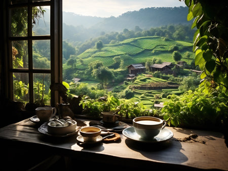 Breakfast set with coffee and tea on the table near window with natural sunshine and tropical rice fieldの素材