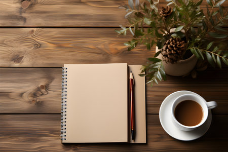Cup of coffee and blank book on wooden table in cafeの素材