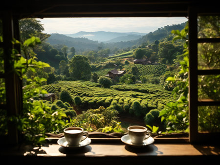 Breakfast set with coffee and tea on the table near window with natural sunshine and tropical rice fieldの素材