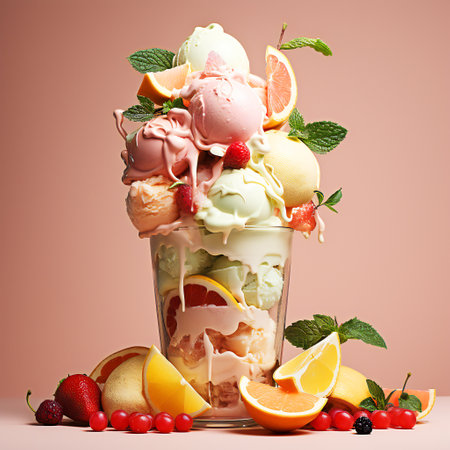 Fresh fruits dessert with scoops of creamy ice cream.の素材