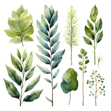 Watercolor and painting green leaves branch elements illustrationの素材