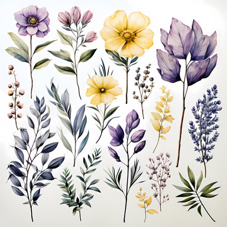 Watercolor Blooming floral set with leaves and flowers branch elements illustrationの素材