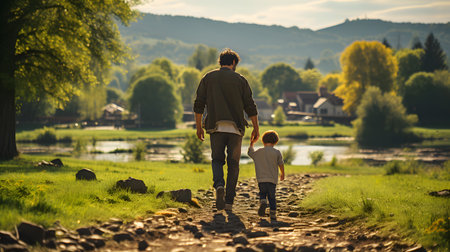 Father is smiling and traveling with cute son. Happy together in beautiful nature. Family love Conceptの素材