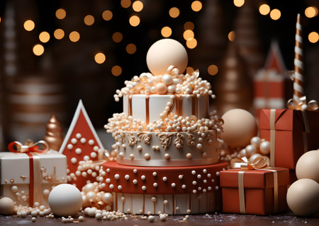 Christmas and new year gift boxes, golden balls and star, pine cones in snow with bokeh light backgroundの素材