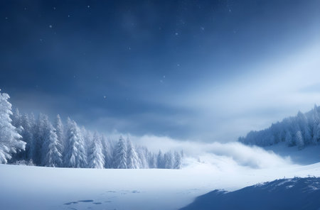 Winter pine forest with snow and sky and stars at nightの素材