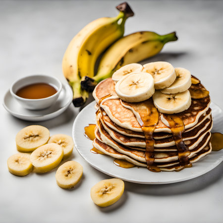 Homemade bake banana pancakes with topping fresh banana slices, walnuts and honey on whit plateの素材