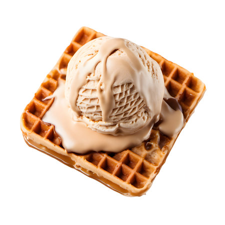 Homemade chocolate Ice cream scoop on Waffle bread with topped with caramel cream isolated on white backgroundの素材