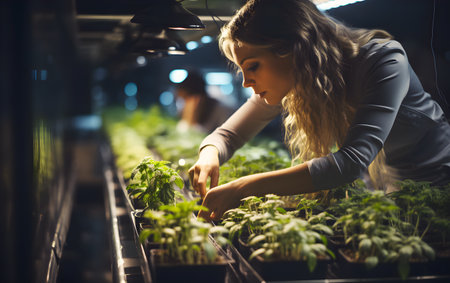 Young attractive Caucasian woman harvesting and gardening for vegetable in a greenhouse. agriculturist for Organic vegetables agricultureの素材