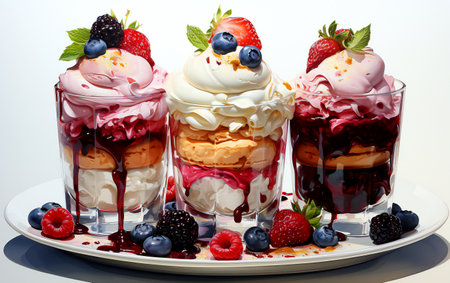 Fresh fruits dessert with scoops of strawberry and berry topping creamy ice cream.の素材