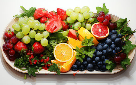 Set of different fruits and mix berries strawberries, orange on white plateの素材
