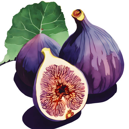 Watercolor and painting juicy purple figs isolated on white backgroundの素材