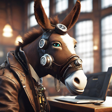 A smart soldier horse or donkey wearing military uniform and working with laptop in office. Fantasy and party animals style Conceptの素材