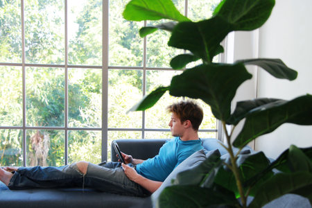 Young Caucasian man is online working in social media on sofa in living room. He is searching information on internet and work from home. Businessman work with technology conceptの写真素材