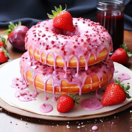 Sweet tasty pancake doughnut with strawberry candy topping cream. Homemade bakery with dessert and foodの素材