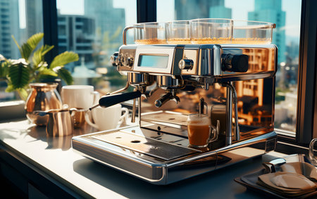 Coffee machine accessarry near window in cafe with mountain view in the morning and sunlightの素材