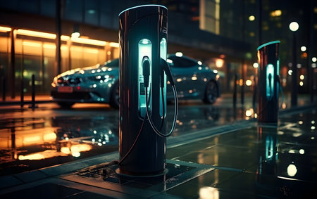 Modern fast electric vehicle chargers for charging car in park. EV car charging stationの素材