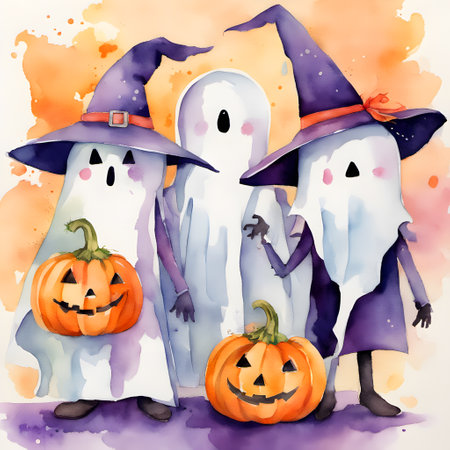 Watercolor and painting for smiling cute white ghost with pumpkin Halloween. Digital painting cartoon illustration holiday conceptの素材