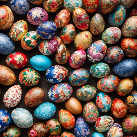 Gold and colorful painting decorated easter eggs painted backgroundの素材