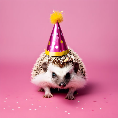 Cute porcupine with colorful balloons hat in birthday party isolated on pink backgroundの素材